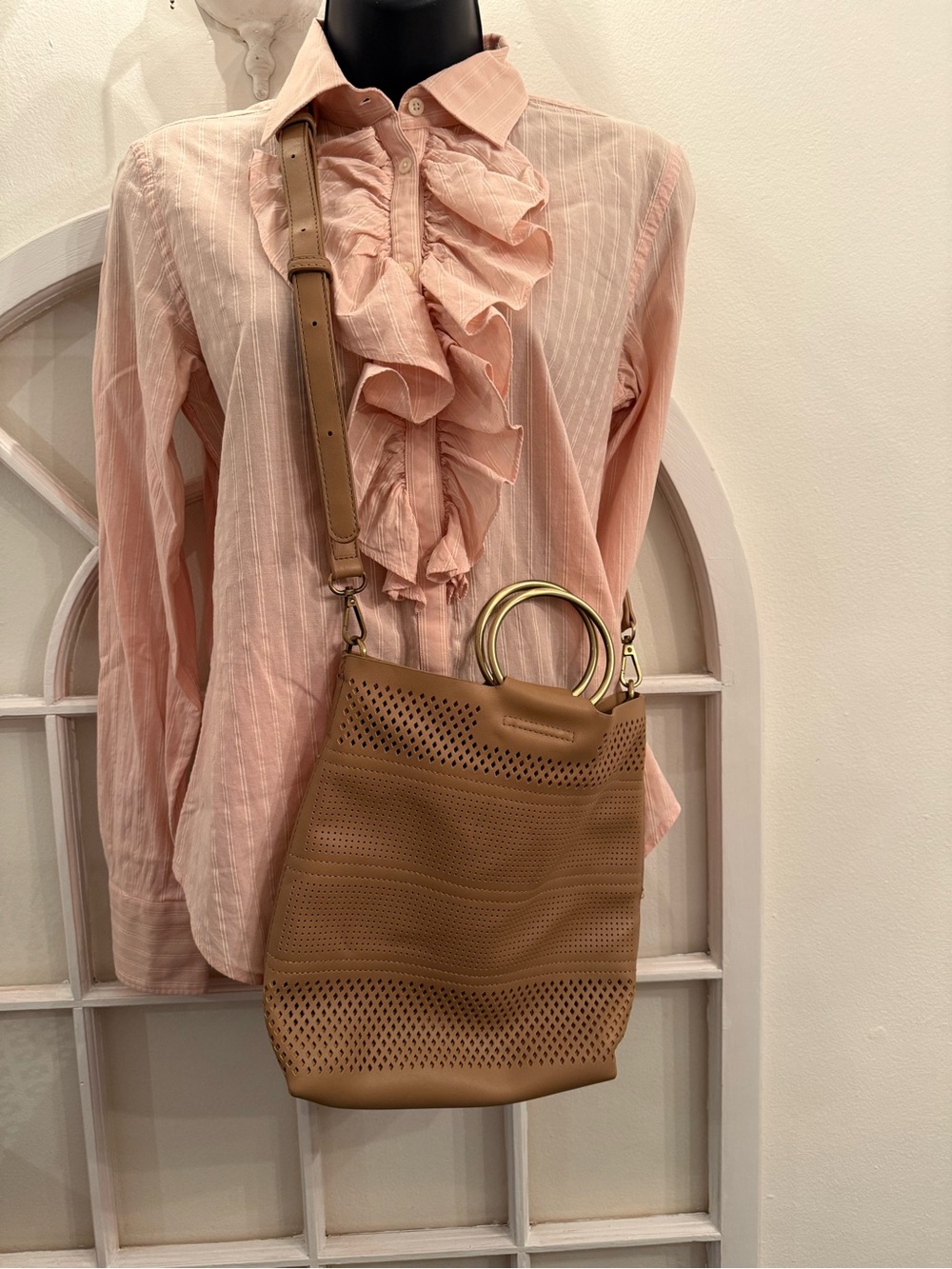 Anthropologie Crossbody Bag Bohemian Tan Perforated Ring Handle Vegan leather